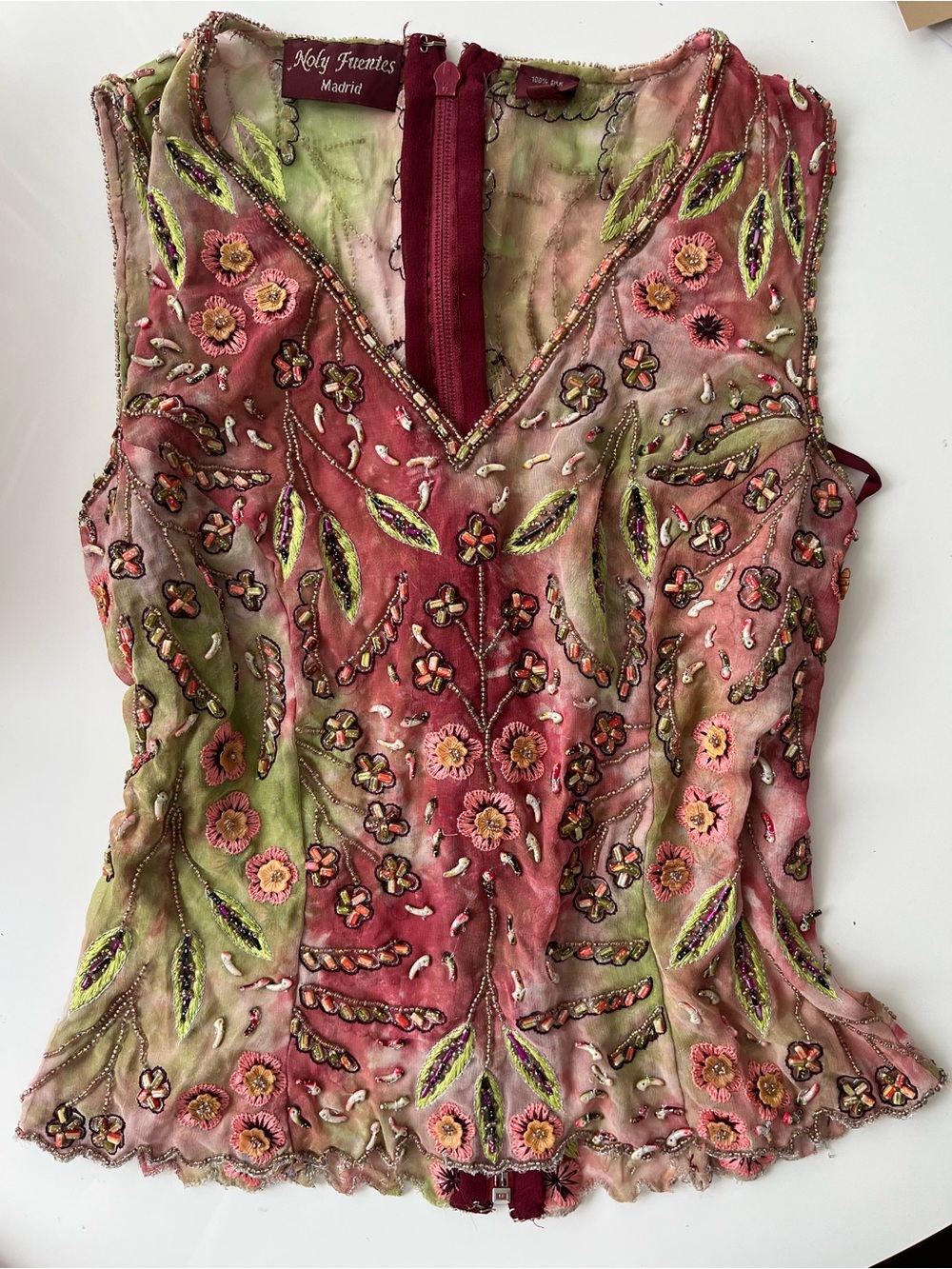 Embroidered Floral V-Neck Camisole in Pink & Green